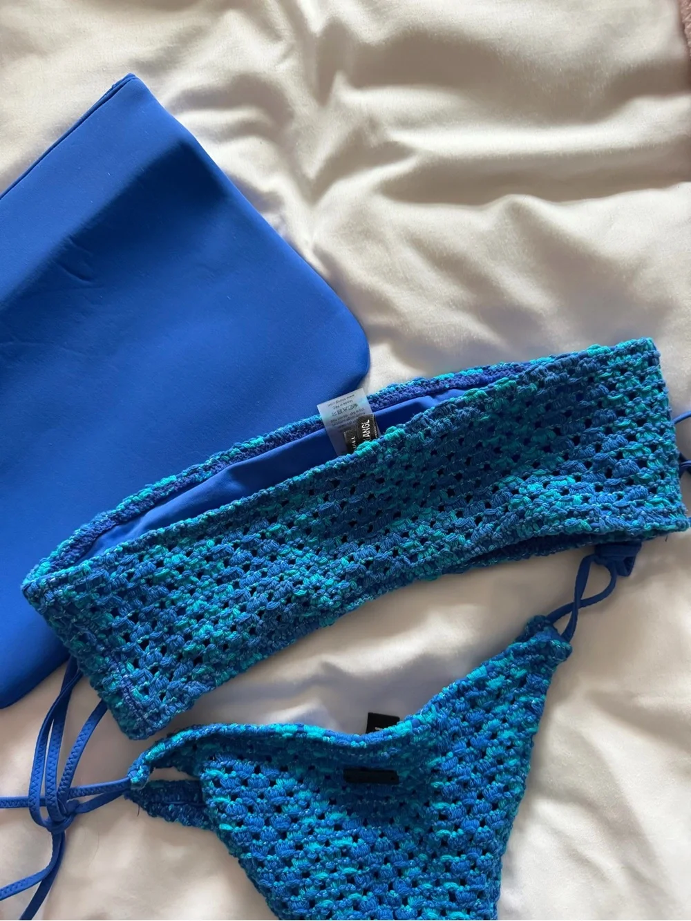 triangl swimwear Blue Textured Bandeau & Tie-Side Bikini Set